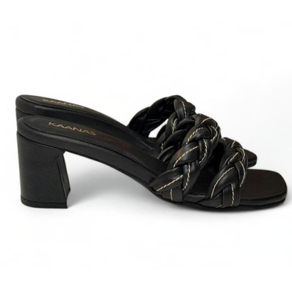 Kaanas Women's Black Tartu Braided Leather Contrast Stitching Heel Sandal Size 7